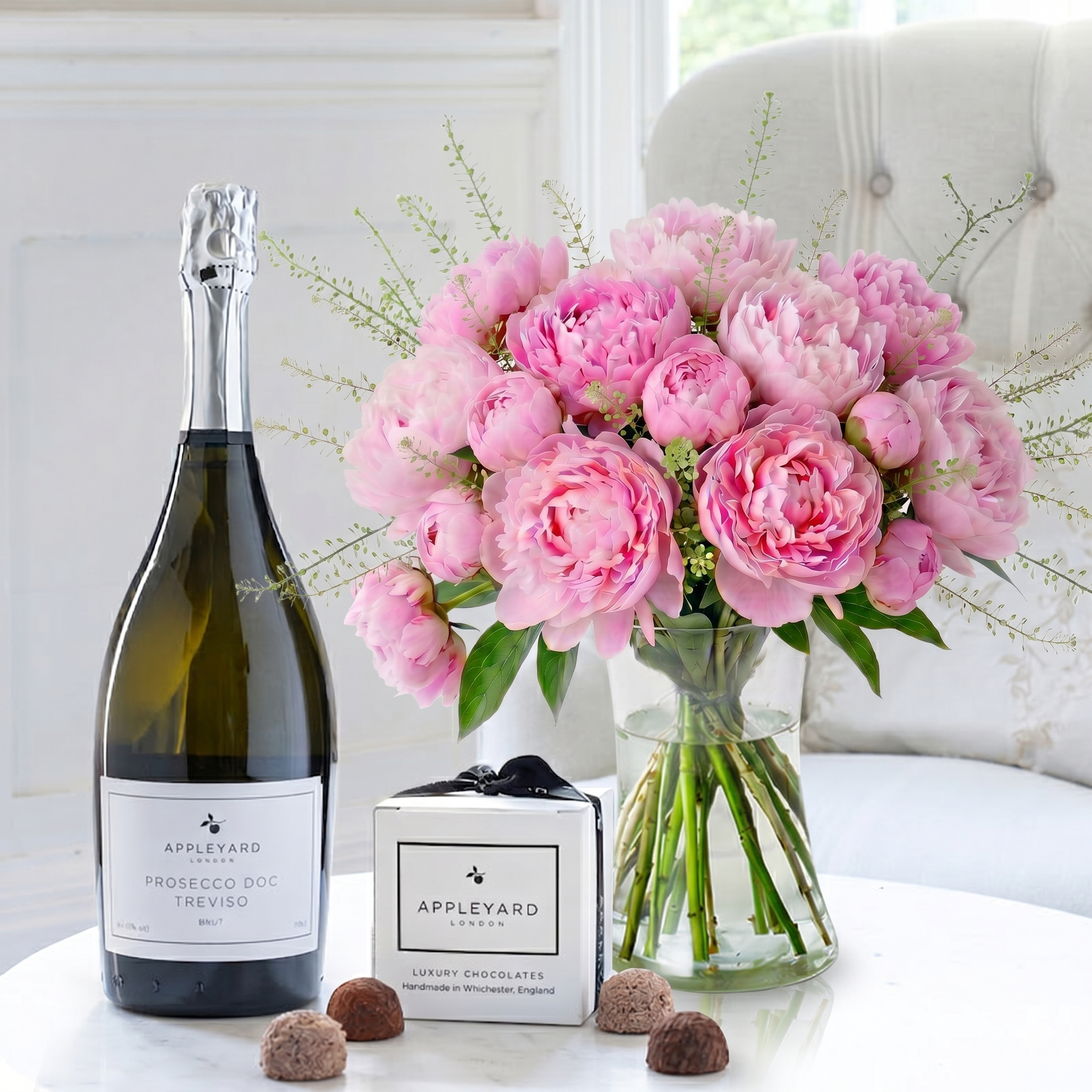 Flower Gift Set - Pink Peonies, Prosecco & 6 Mixed Truffles - Peonies - Next Day Flower & Gift Delivery UK - Appleyard London