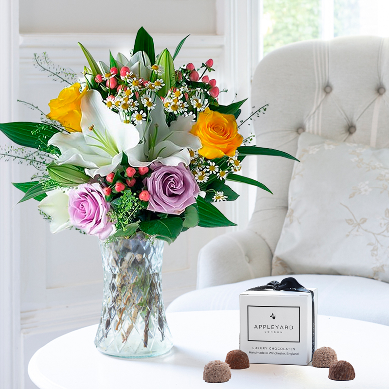 Flower Gift Set - Glaze With 6 Mixed Truffles - White - Chrysanthemum & Hypericum Berry - Next Day Flower & Gift Delivery UK - Appleyard