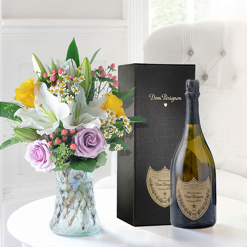 Flower Gift Set - Glaze & Dom Perignon - White - Chrysanthemum & Hypericum Berry - Next Day Flower & Gift Delivery UK - Appleyard London
