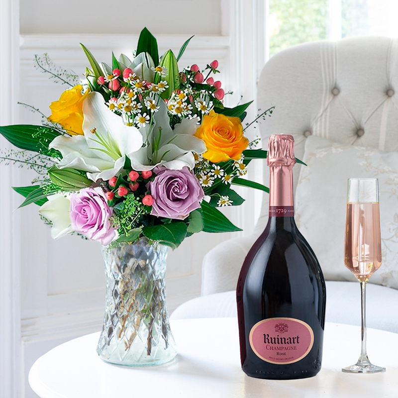 Flower Gift Set - Glaze & Ruinart Rosé - White - Chrysanthemum & Hypericum Berry - Next Day Flower & Gift Delivery UK - Appleyard London