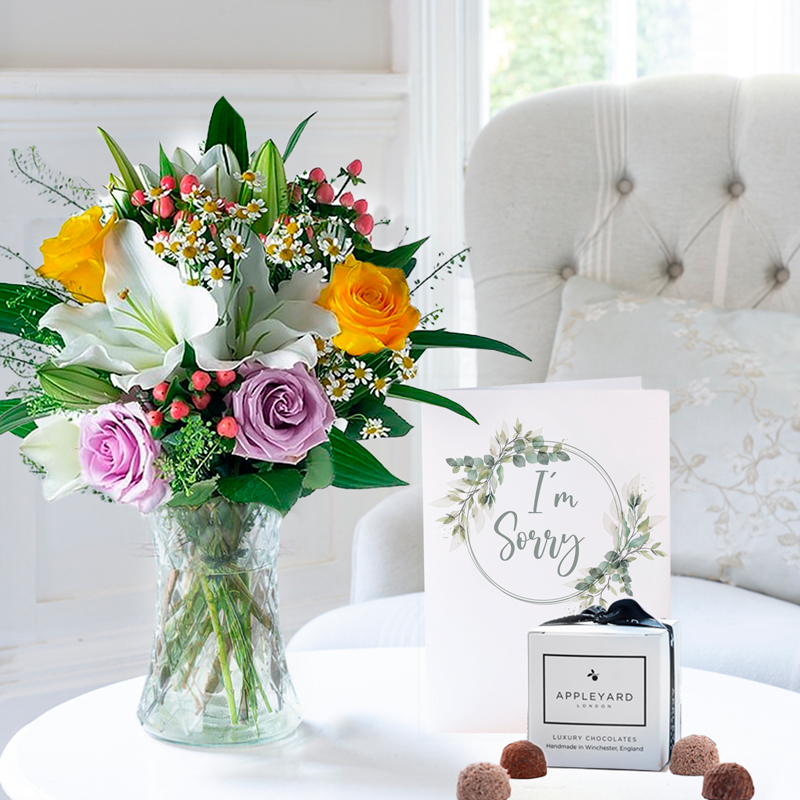 Flower Gift Set I'm Sorry - Glaze, 6 Mixed Truffles & Card - White - Lilies & Roses - Next Day Flower & Gift Delivery UK - Appleyard London