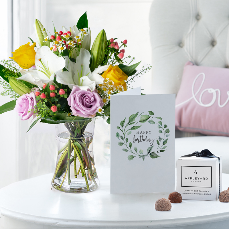 Birthday Flower Gift Set - Glaze, 6 Mixed Truffles, Vase & Birthday Card - White - Lilies & Roses - Next Day Flower & Gift Delivery UK - Appleyard