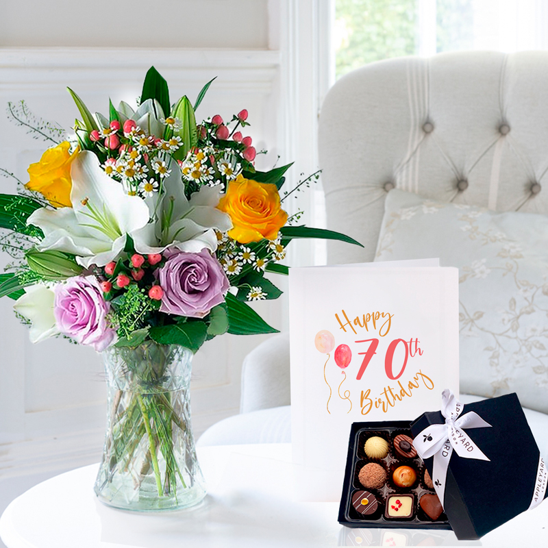 70th Birthday Gift Flower Gift Set Glaze, 9 Luxury Chocolates & Birthday Card - White - Next Day Flower & Gift Delivery UK - Appleyard London