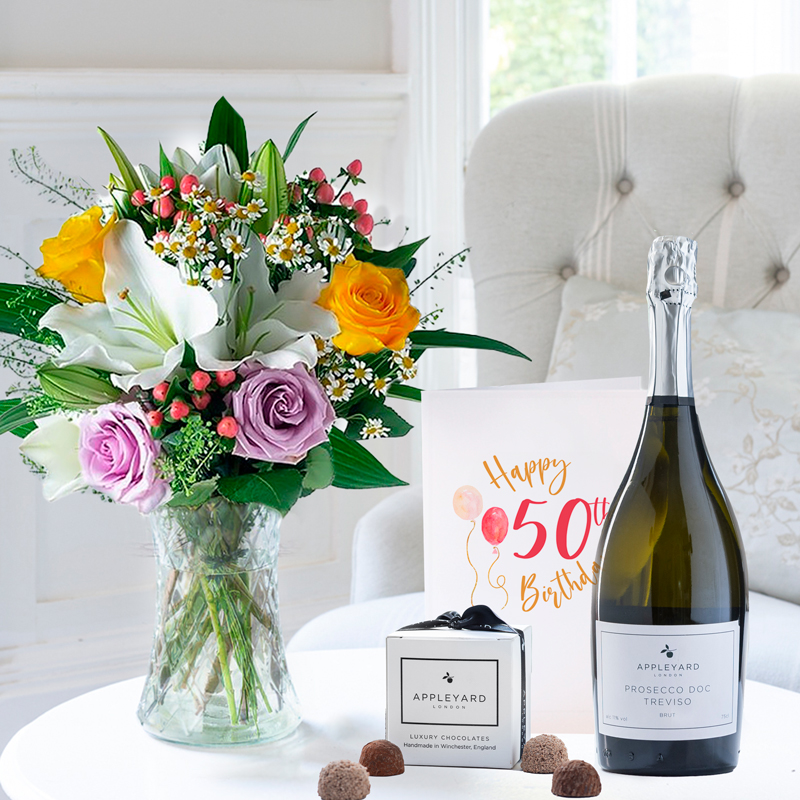 50th Birthday Gift Flower Gift Set Glaze, Appleyard Prosecco, 6 Mixed Truffles. & Birthday Card - White - Next Day Flower & Gift Delivery UK -