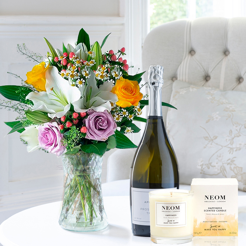 Flower Gift Set - Glaze, Appleyard Prosecco & NEOM Happiness Candle - White - Lilies & Roses - Next Day Flower & Gift Delivery UK