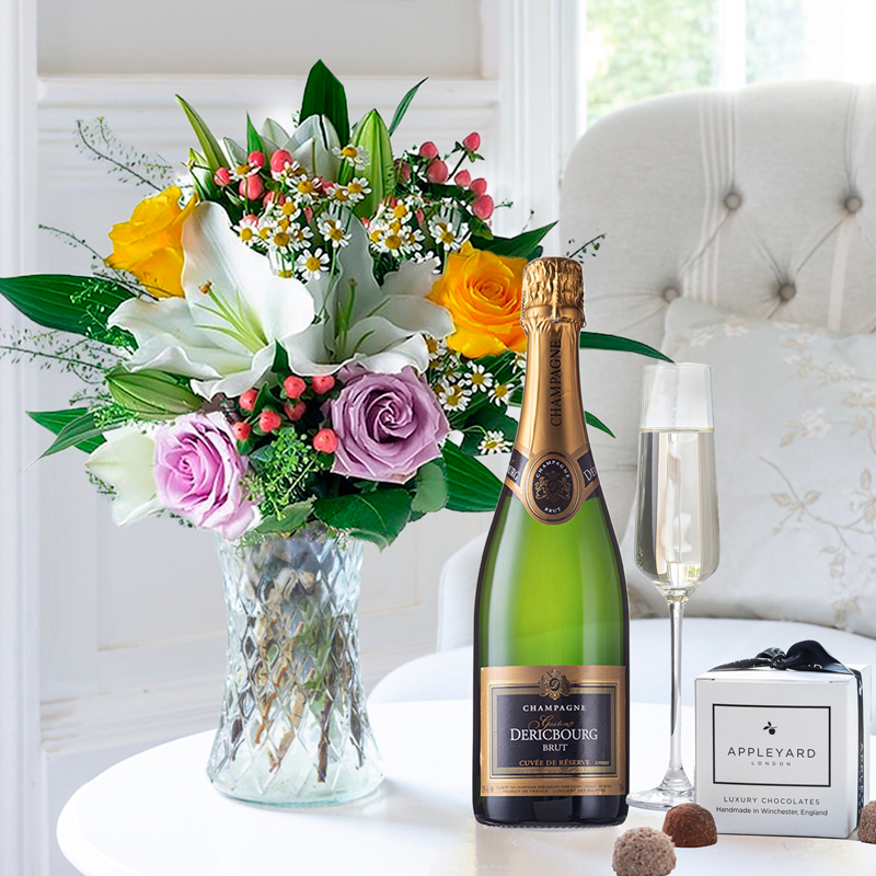 Flower Gift Set - Glaze, Champagne Dericbourg & 6 Mixed Truffles - Hypericum Berry & Oriental Lilies - Next Day Flower & Gift Delivery UK - Appleyard