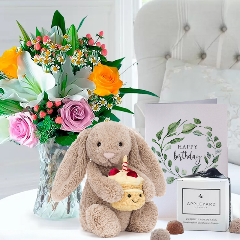 Birthday Flower Gift Set - Glaze, Jellycat Birthday Bunny, 6 Appleyard Truffles & Birthday Card - White - Lilies & Roses - Next Day Flower & Gift
