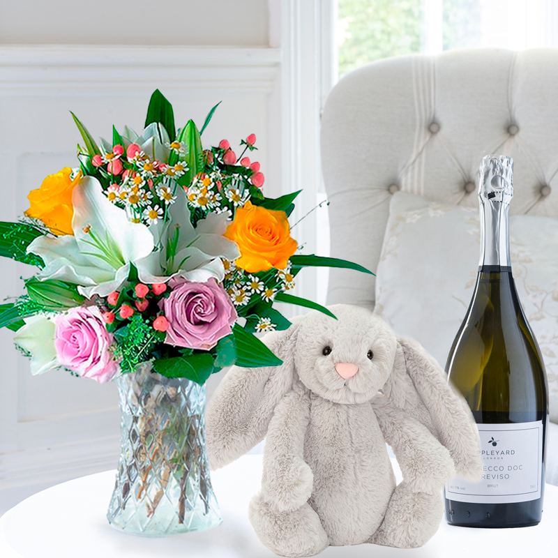 Flower Gift Set - Glaze, Jellycat Silver Bunny & Prosecco - Chrysanthemum & Hypericum Berry - Mother's Day Flower & Gift Delivery UK - Appleyard