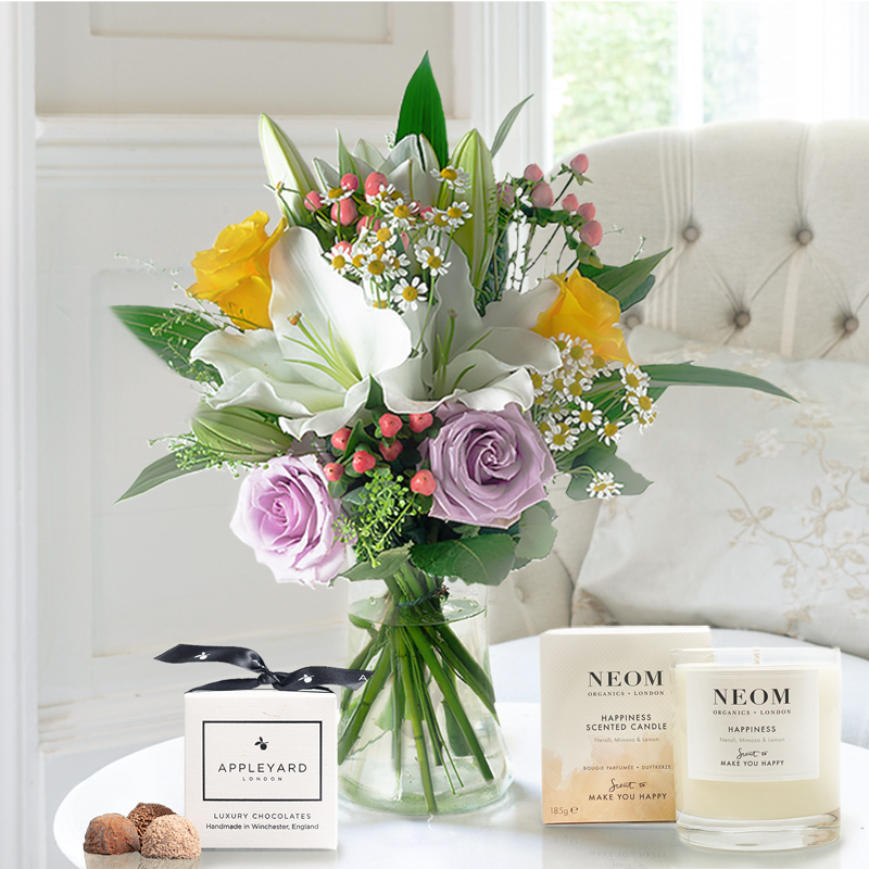 Glaze, NEOM Candle & 6 Mixed Truffles | Luxury Hand- Tied Bouquets & Gifts | Fast UK Flower Delivery - Appleyard London