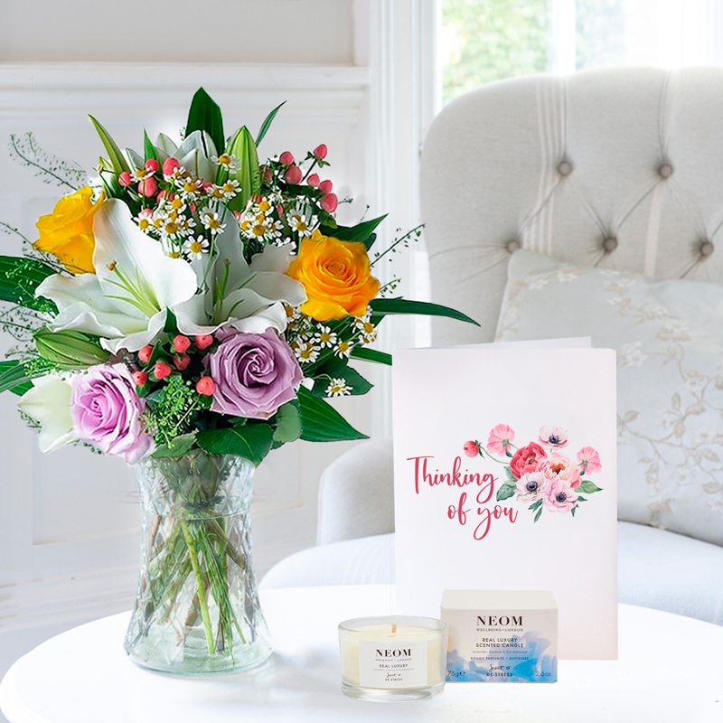 Flower Gift Set Thinking of You - Glaze, NEOM Luxury Candle & Card - White - Lilies & Roses - Next Day Flower & Gift Delivery UK - Appleyard