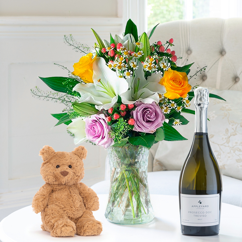 Flower Gift Set Glaze, Prosecco & Jellycat Small Bartholomew Bear - White - Next Day Flower & Gift Delivery UK - Appleyard London