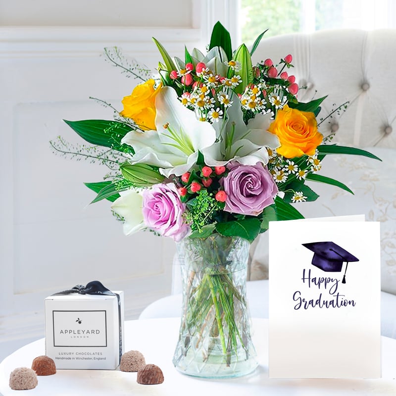 Flower Gift Set Graduation Glaze, Vase, 6 Mixed Truffles & Card - White - Next Day Flower & Gift Delivery UK - Appleyard London