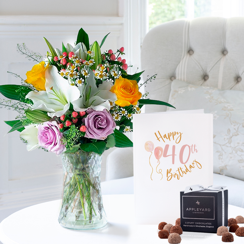 40th Birthday Gift Flower Gift Set - Glaze, 12 Mixed Truffles & Birthday Card - Lilies & Roses - Next Day Flower & Gift Delivery UK - Appleyard London