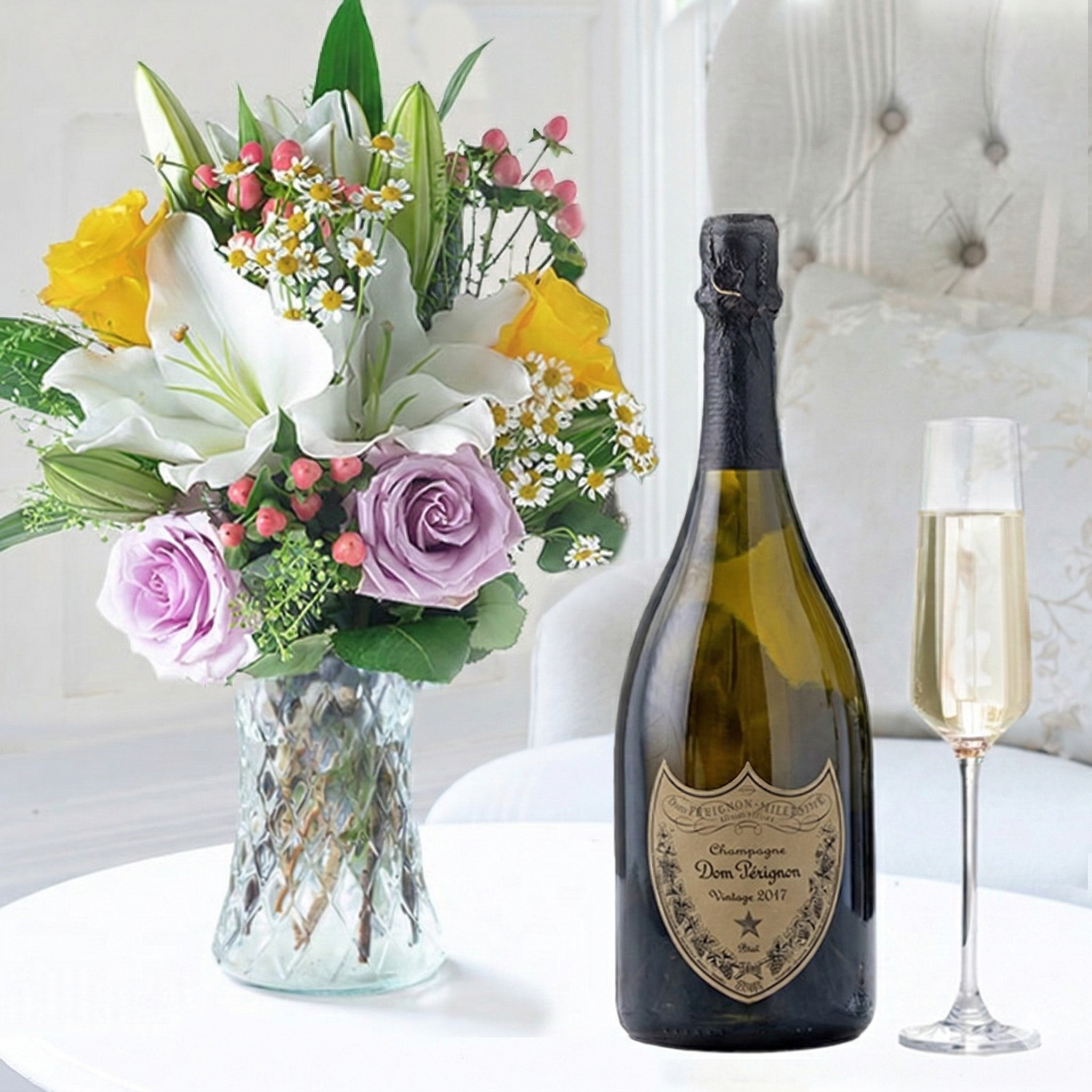 Flower Gift Set - Glaze & Dom Perignon - White - Chrysanthemum & Hypericum Berry - Next Day Flower & Gift Delivery UK - Appleyard London