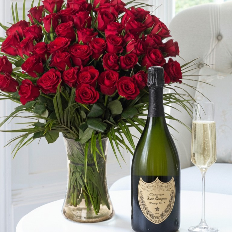 Flower Gift Set - 50 Luxury Red Roses & Dom Perignon - Next Day Flower & Gift Delivery UK - Appleyard London