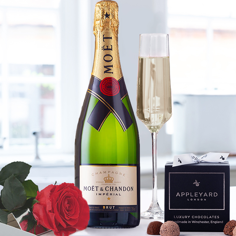 Flower Gift Set - Preserved Rose, Moët & 12 Mixed Truffles - Red Roses - Next Day Flower & Gift Delivery UK - Appleyard London