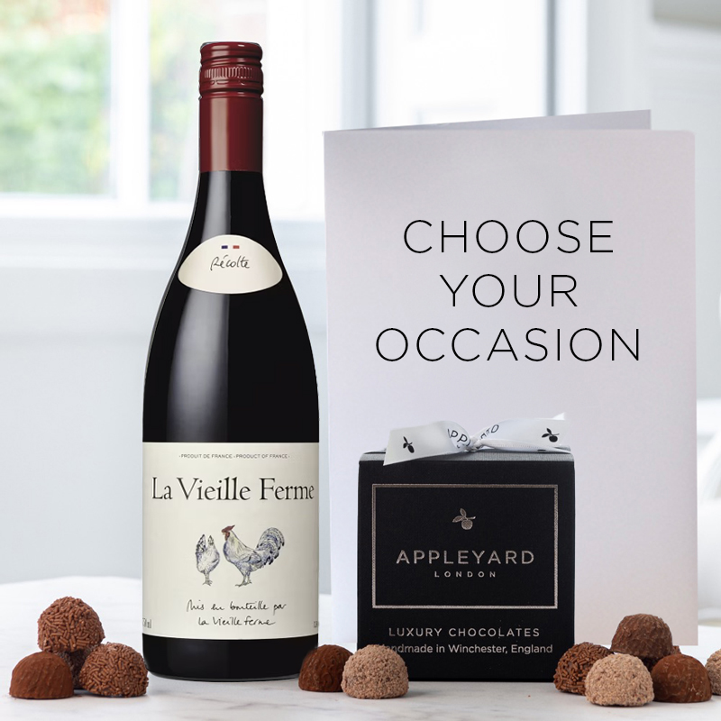 La Vielle Ferme Red Wine, 12 Artisan Chocolate Truffles & Occasion Card | Luxury Chocolate & Wine Gift | Next Day Delivery | Appleyard London