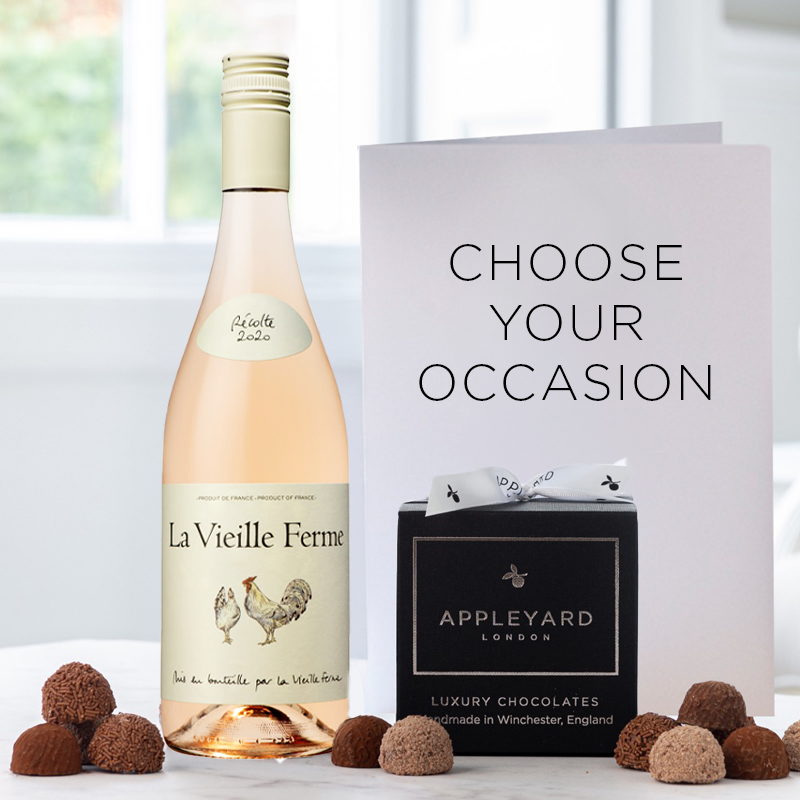La Vielle Ferme Rosé Wine, 12 Artisan Chocolate Truffles & Occasion Card | Luxury Chocolate & Wine Gift | Next Day Delivery | Appleyard London