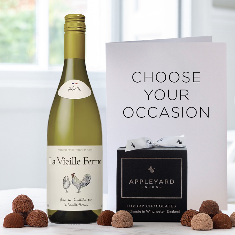 La Vielle Ferme White Wine, 12 Artisan Chocolate Truffles & Occasion Card | Luxury Chocolate & Wine Gift | Next Day Delivery | Appleyard London