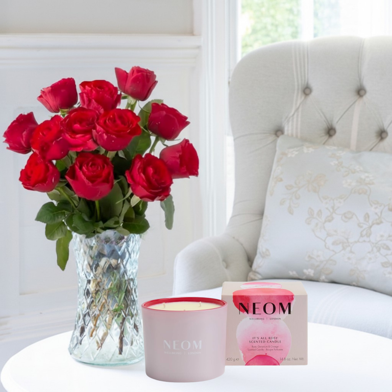 12 Red Roses & NEOM It's All Rosy Candle - Next Day Flower & Gift Delivery UK - Appleyard London