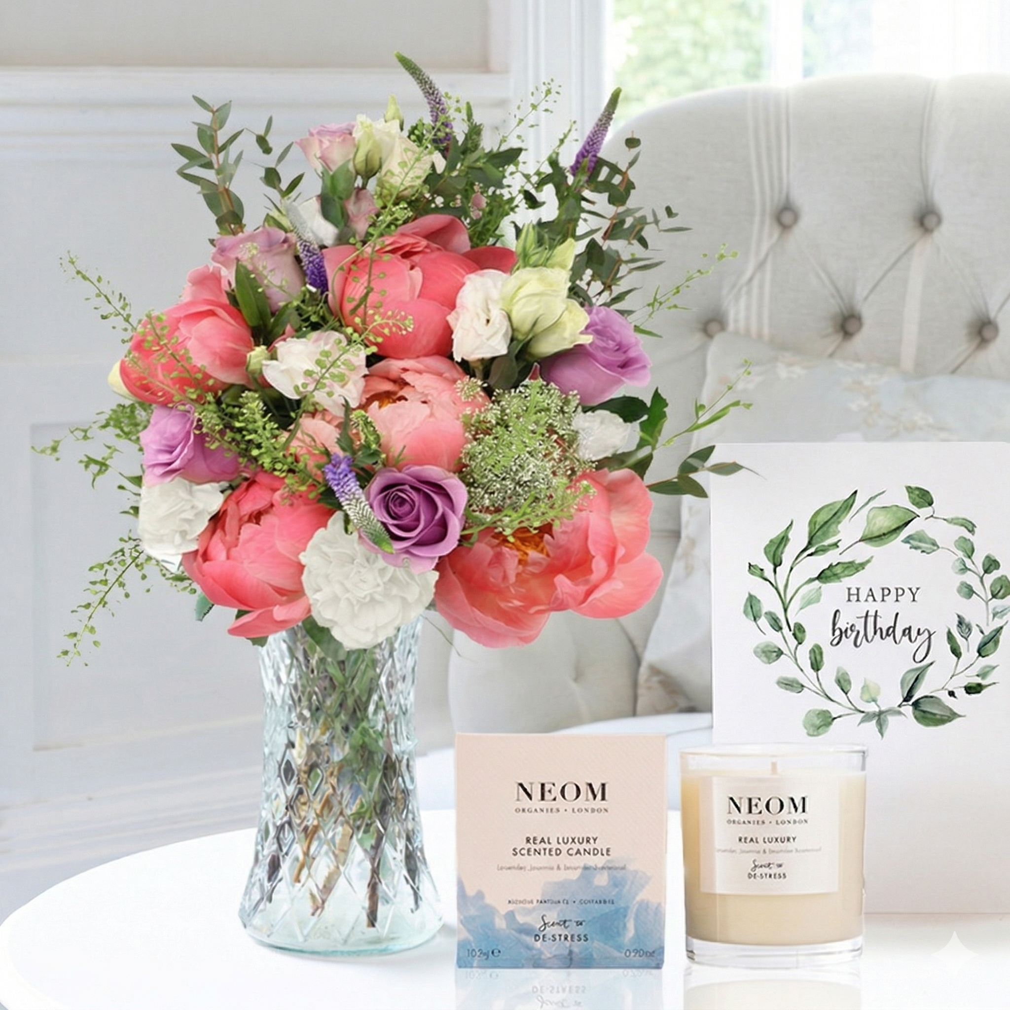 Birthday Flower Gift Set - Lilac Rose & Coral Charm Peony, NEOM Happiness Candle & Birthday Card - Peonies - Next Day Flower & Gift Delivery UK -