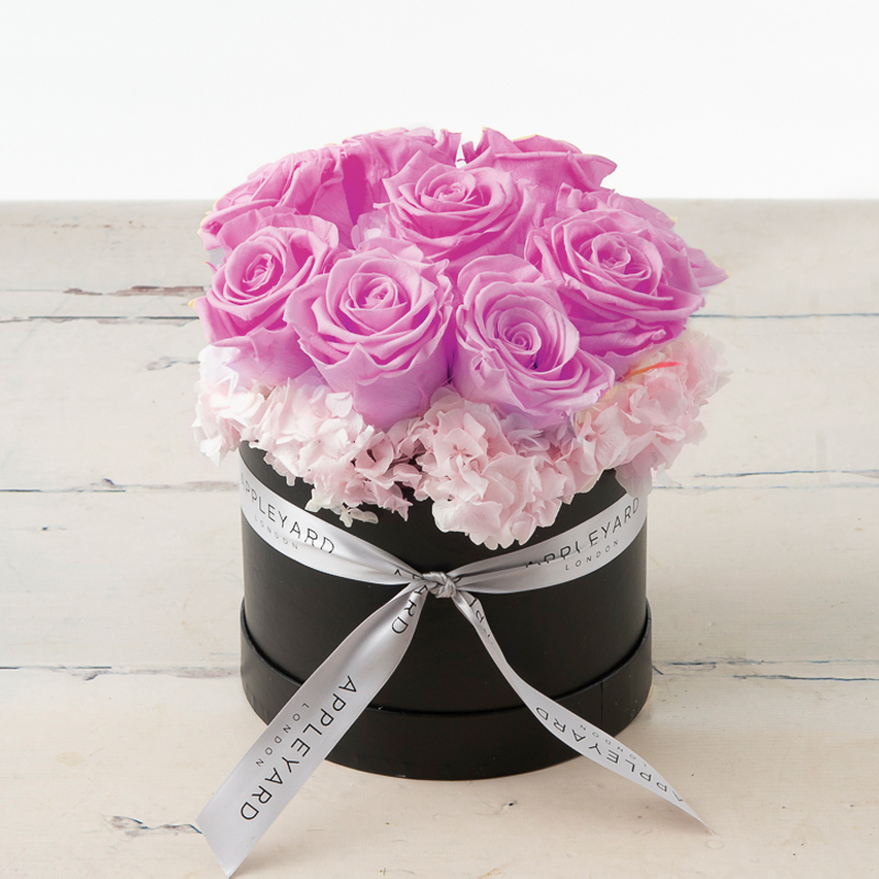 Lilac Rose & Pink Hydrangea Hatbox - Preserved Roses & Hydrangeas - Flower Bouquet - Next Day Flower Delivery UK - Appleyard London