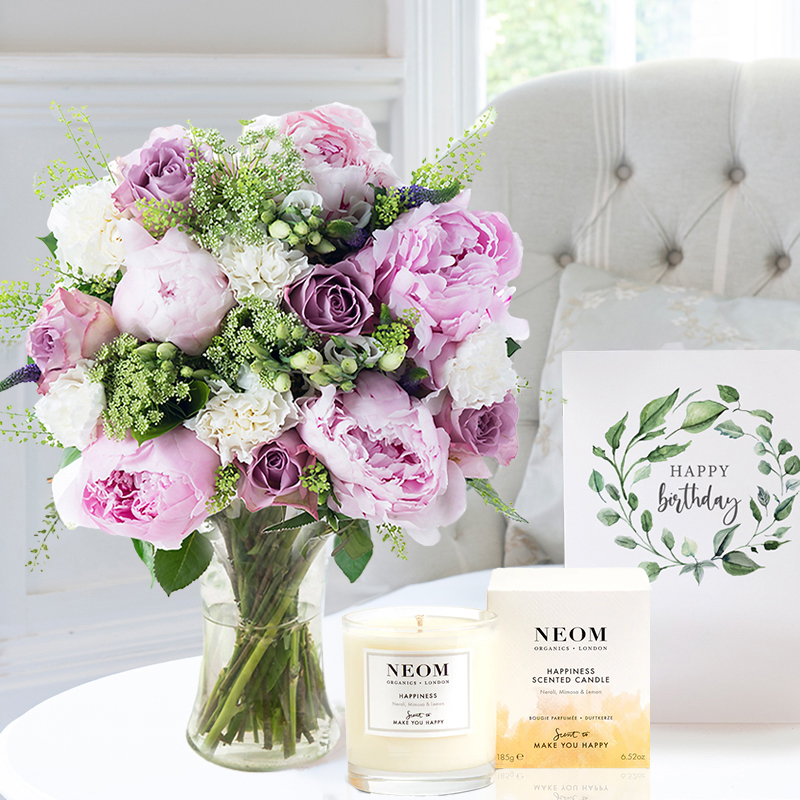 Birthday Flower Gift Set - Lilac Rose & Coral Charm Peony, NEOM Happiness Candle & Birthday Card - Peonies - Next Day Flower & Gift Delivery UK -