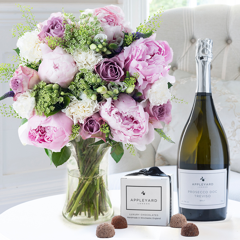 Flower Gift Set - Lilac Rose & Coral Charm Peony, Prosecco & 6 Truffles - Peonies - Next Day Flower & Gift Delivery UK - Appleyard London
