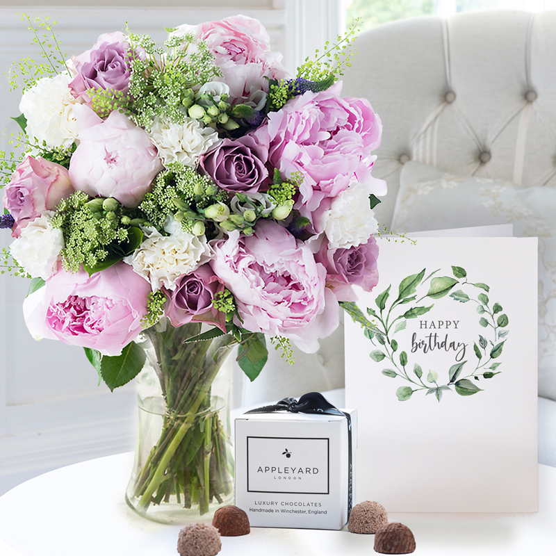 Birthday Flower Gift Set - Lilac Rose & Coral Charm Peony, Vase, 6 Truffles & Birthday Card - Peonies - Next Day Flower & Gift Delivery UK - Appleyard