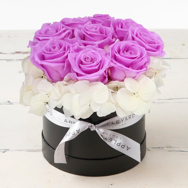 Lilac Rose & White Hydrangea Hatbox - Preserved Roses & Hydrangeas - Flower Bouquet - Next Day Flower Delivery UK - Appleyard London