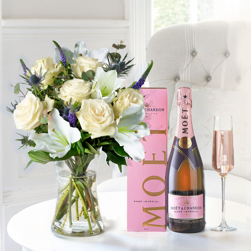Flower Gift Set - Lunar & Moët Rosé - Blue - Eryngium & Eucalyptus - Next Day Flower & Gift Delivery UK - Appleyard London