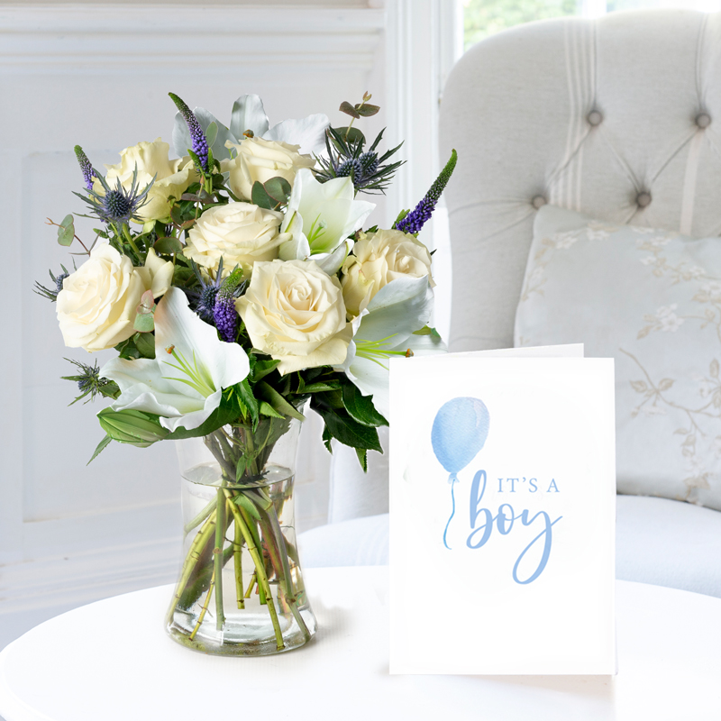 New Baby Flower Gift Set - Lunar & New Baby Boy Card - Blue - Eucalyptus & Roses - Next Day Flower & Gift Delivery UK - Appleyard London