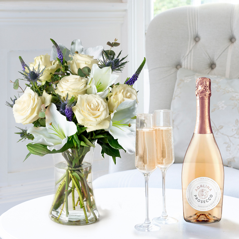 Flower Gift Set - Lunar & Prosecco Rosé - Blue - Eryngium & Eucalyptus - Next Day Flower & Gift Delivery UK - Appleyard London