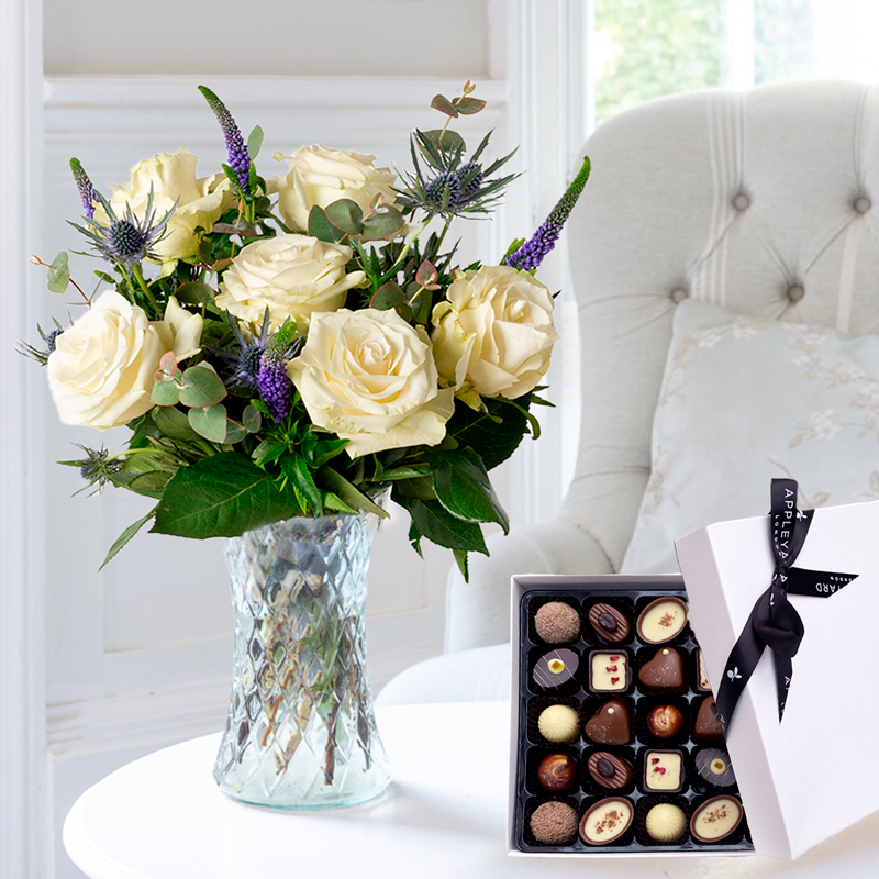 Flower Gift Set - Lunar & Box Of 25 Chocolates - Blue - Eucalyptus & Roses - Next Day Flower & Gift Delivery UK - Appleyard London