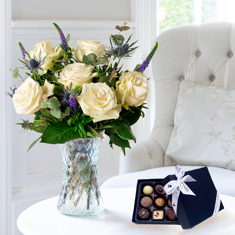 Flower Gift Set - Lunar & Box Of 9 Chocolates - Blue - Roses & Veronica - Next Day Flower & Gift Delivery UK - Appleyard London