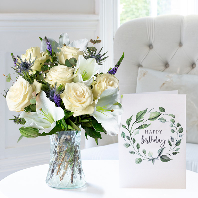 Birthday Flower Gift Set - Lunar & Birthday Card - Blue - Eucalyptus & Roses - Next Day Flower & Gift Delivery UK - Appleyard London