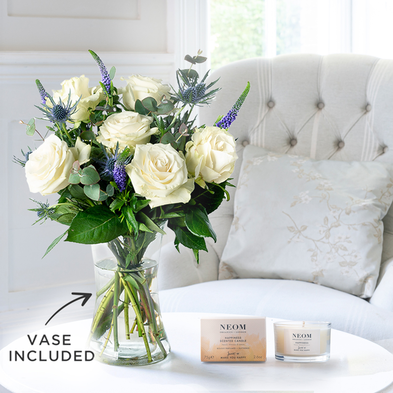 Flower Gift Set - Lunar & NEOM Happiness Scented Candle & Vase - Blue - Eryngium & Eucalyptus - Next Day Flower & Gift Delivery UK - Appleyard London
