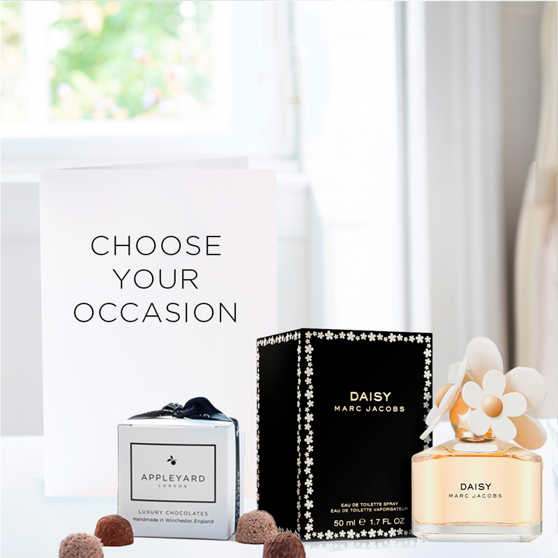 Marc Jacobs Daisy Eau De Toilette, 6 Mixed Truffles & Occasion Card - Hamper - Next Day Hamper Gift Delivery UK - Appleyard London