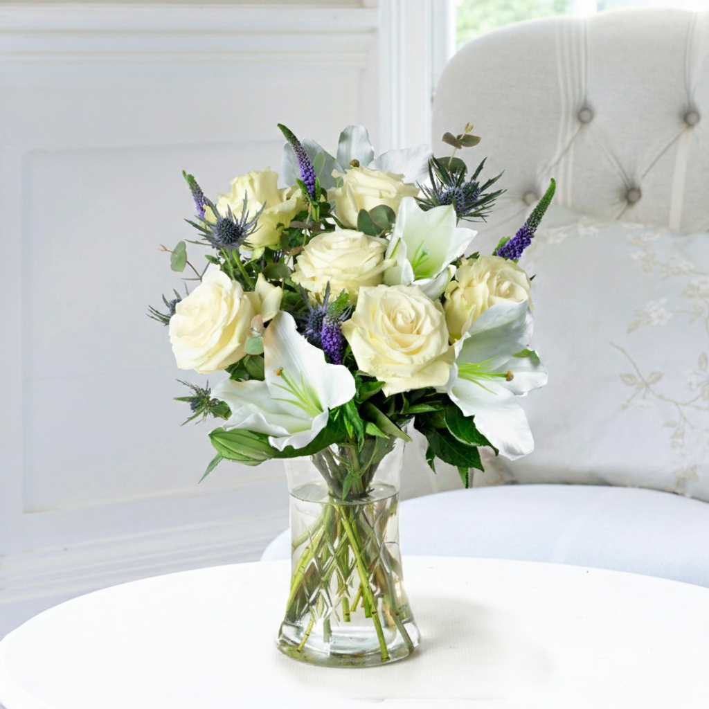 Flower Gift Set - Lunar & Vase - Blue - Eucalyptus & Roses - Next Day Flower & Gift Delivery UK - Appleyard London