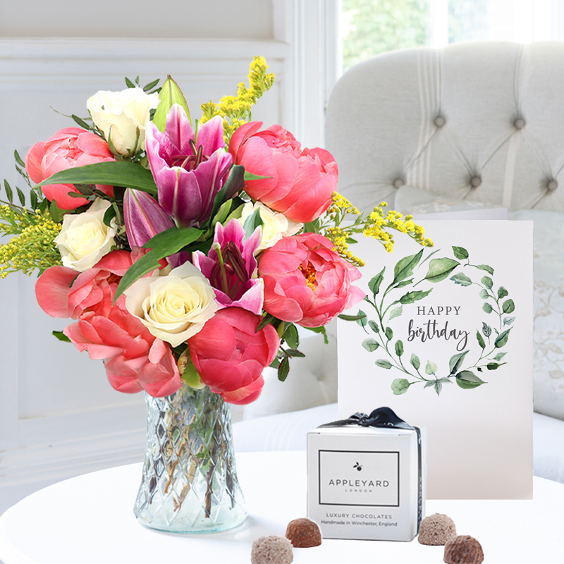 Birthday Flower Gift Set - Pink Peony, Rose & Lily, 6 Truffles & Birthday Card - Pink - Alstroemeria & Chrysanthemum - Next Day Flower & Gift Delivery