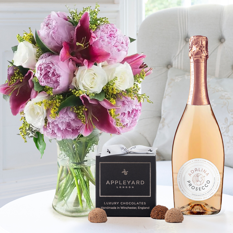 Flower Gift Set - Pink Peony, Rose & Lily, Prosecco Rosé & 12 Truffles - Pink - Alstroemeria & Chrysanthemum - Next Day Flower & Gift Delivery UK