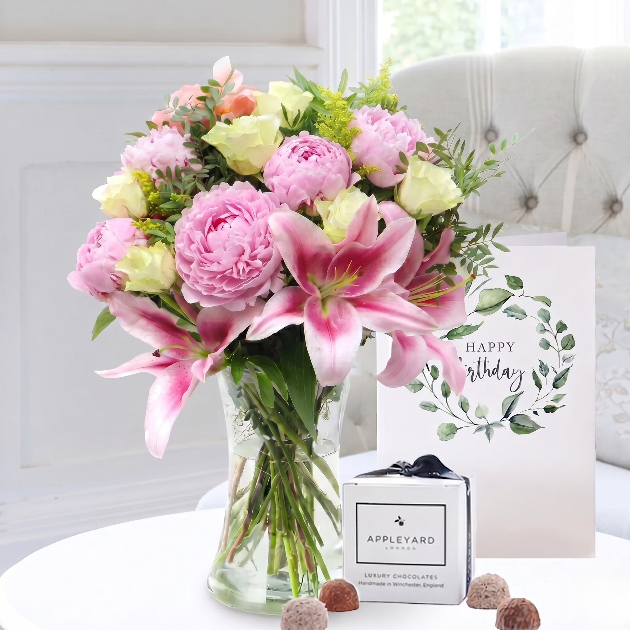 Birthday Flower Gift Set - Coral Charm Peony, Rose & Lily, Appleyard 6 Mixed Truffles & Birthday Card - Pink - Peonies - Next Day Flower & Gift