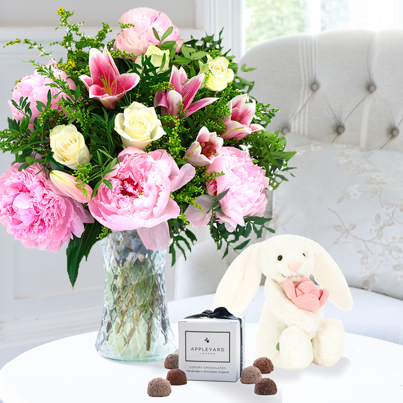 Flower Gift Set - Pink Peony, Rose & Lily, Jellycat Pink Peony Bunny & 6 Mixed Truffles - Pink - Alstroemeria & Chrysanthemum - Next Day Flower & Gift