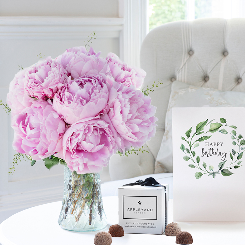 Birthday Flower Gift Set - Pink Peonies, 6 Truffles & Birthday Card - Peonies - Next Day Flower & Gift Delivery UK - Appleyard London