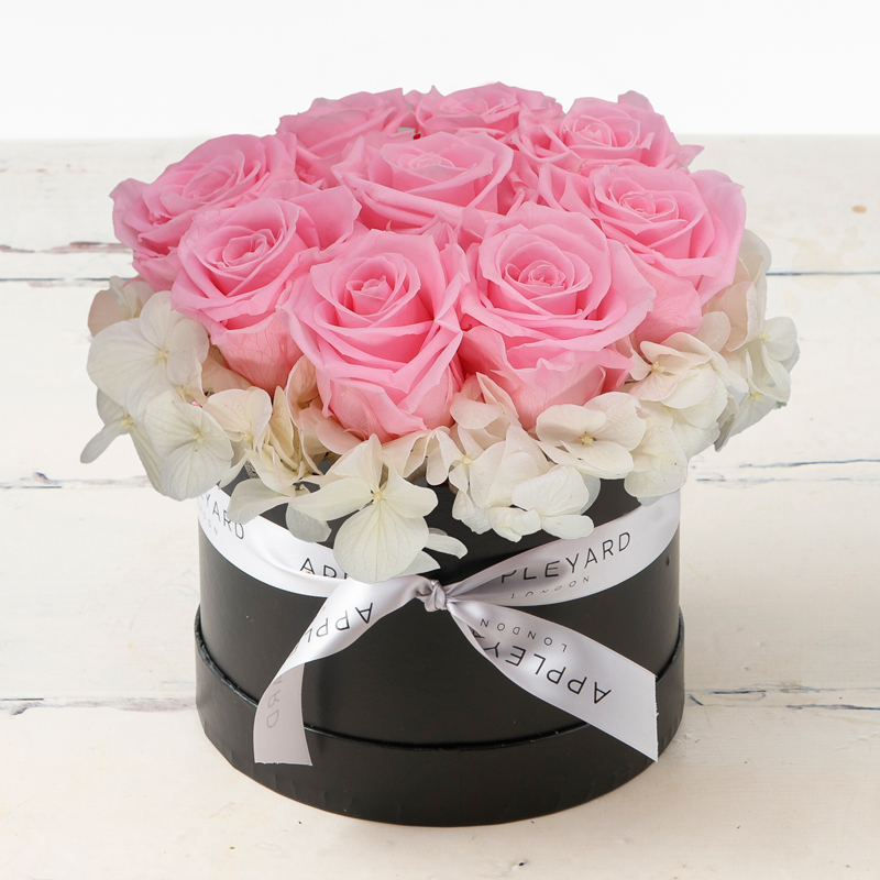 Pink Rose & White Hydrangea Hatbox - Preserved Roses & Hydrangea - Flower Bouquet - Next Day Flower Delivery UK - Appleyard London