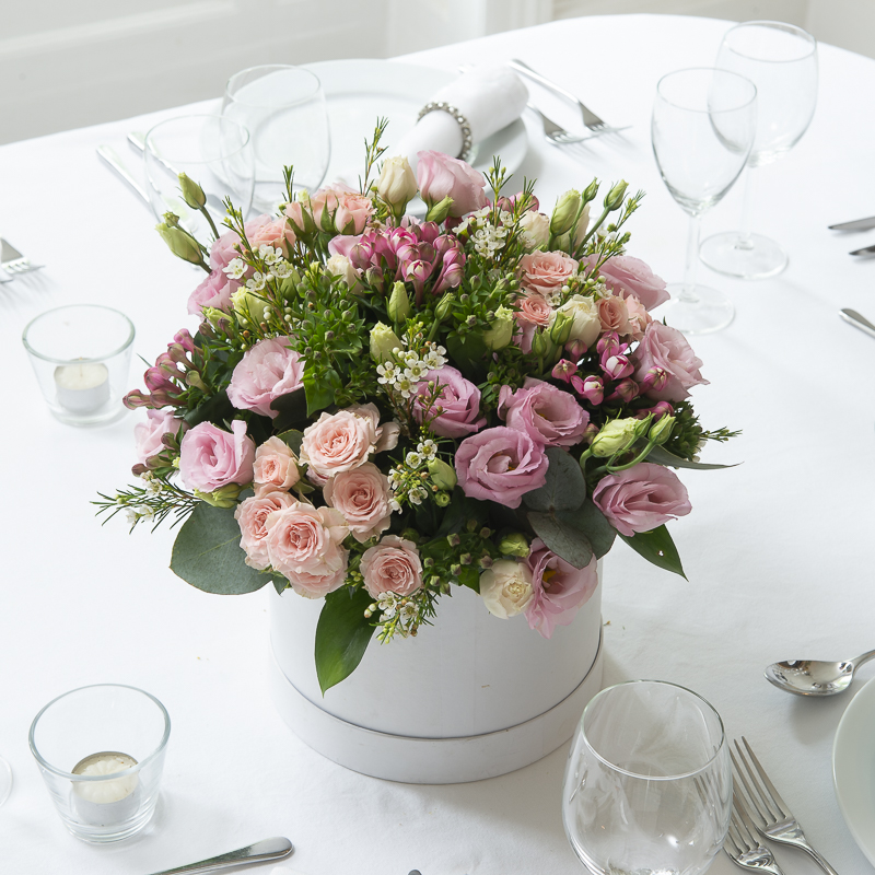 Affection Hatbox Table Centre - Pink - Wedding Flower Bouquet - Last Minute Wedding Flowers Delivery UK - Appleyard London
