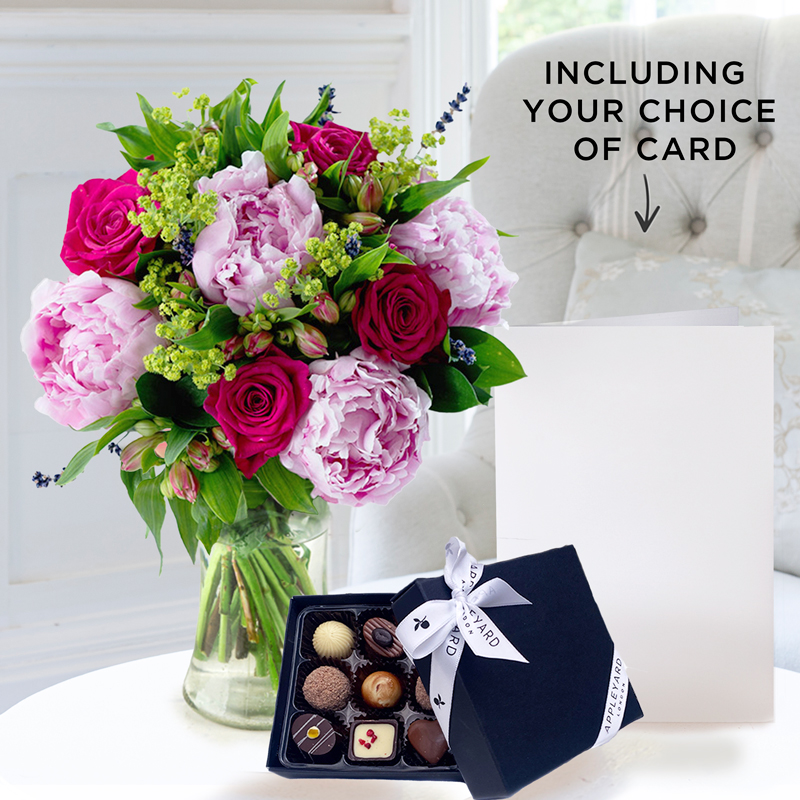 Pomegranate Rose & Pink Peony, 9 Luxury Chocolates & Free Card - Pink - Flower Gift Set - Next Day Flower & Gift Delivery UK - Appleyard London