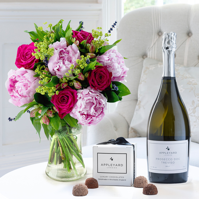 Pomegranate Rose & Pink Peony, Prosecco & 6 Truffles - Pink - Flower Gift Set - Next Day Flower & Gift Delivery UK - Appleyard London