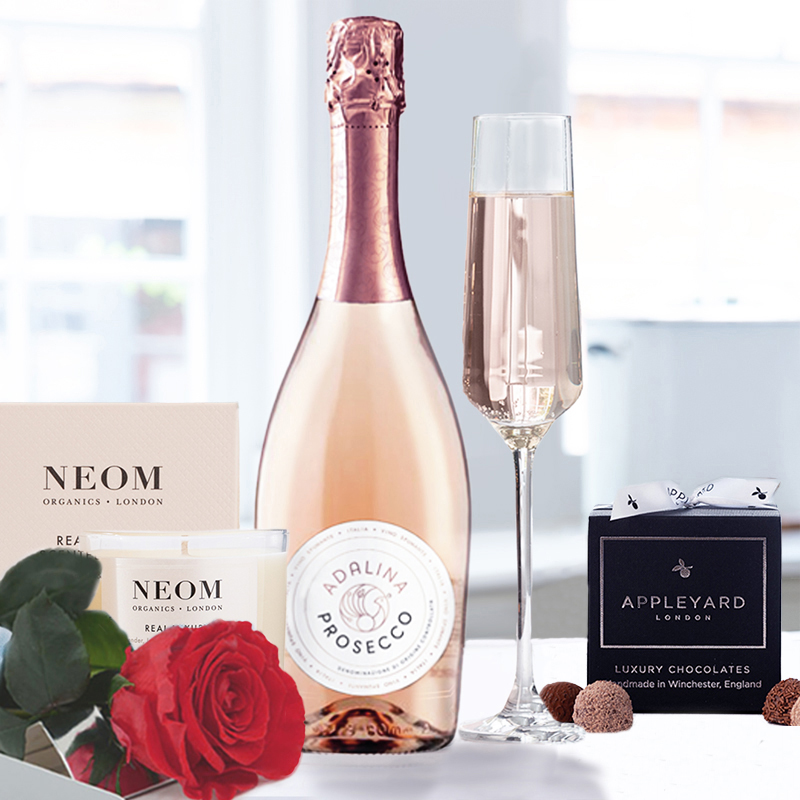 Flower Gift Set - Preserved Rose, Adalina Rosé Prosecco, NEOM Candle & 12 Mixed Truffles - Red Roses - Next Day Flower & Gift Delivery UK