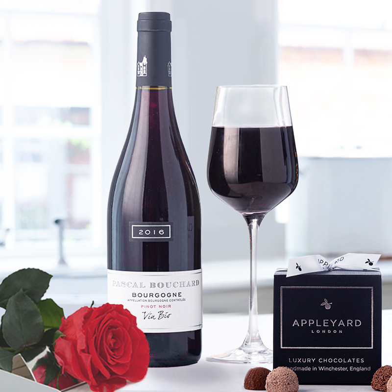 Flower Gift Set - Preserved Rose, Les Peyrautins Pinot Noir & 12 Mixed Truffles - Red Roses - Next Day Flower & Gift Delivery UK - Appleyard London